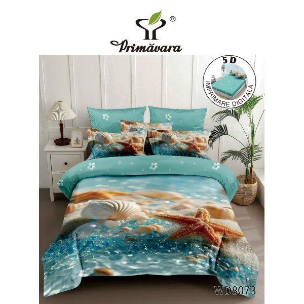 Lenjerie de Pat Dublu 4 Piese 5D cu Cearșaf cu Elastic – Model Marin cu Stea de Mare, LFL-120