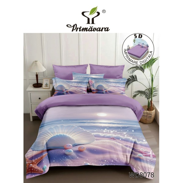Lenjerie de Pat Dublu 4 Piese 5D cu Cearșaf cu Elastic – Scoici și Perle Mov, LFL-125