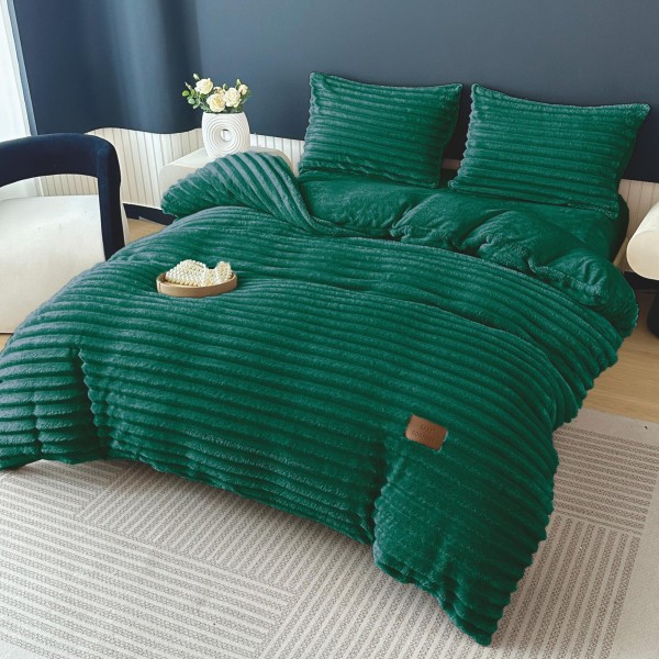 Set Lenjerie Pufoasă Cocolino cu Elastic 4 Piese, Pat Dublu, Verde smarald, Model Dungi Reliefati, LEC-166