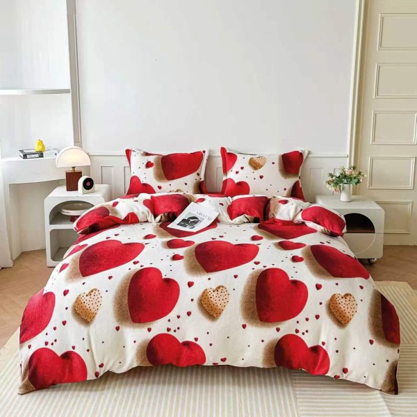 Lenjerie Cocolino 4 Piese Pat Dublu cu Cearșaf cu Elastic – Model Inimi Roșii pe Crem, LEC-084 Lenjerie Cocolino 4 Piese Pat Dublu cu Cearșaf cu Elastic – Model Inimi Roșii pe Crem, LEC-084