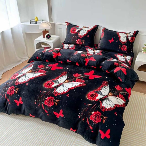 Lenjerie Cocolino 4 Piese Pat Dublu cu Cearșaf cu Elastic – Model Fluturi și Trandafiri Roșii pe Negru, LEC-119 Lenjerie Cocolino 4 Piese Pat Dublu cu Cearșaf cu Elastic – Model Fluturi și Trandafiri Roșii pe Negru, LEC-119