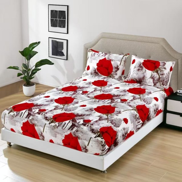 Cearșaf Cocolino cu Elastic + 2 Fețe de Pernă – Model Trandafiri Roșii, Alb, HDC-001
