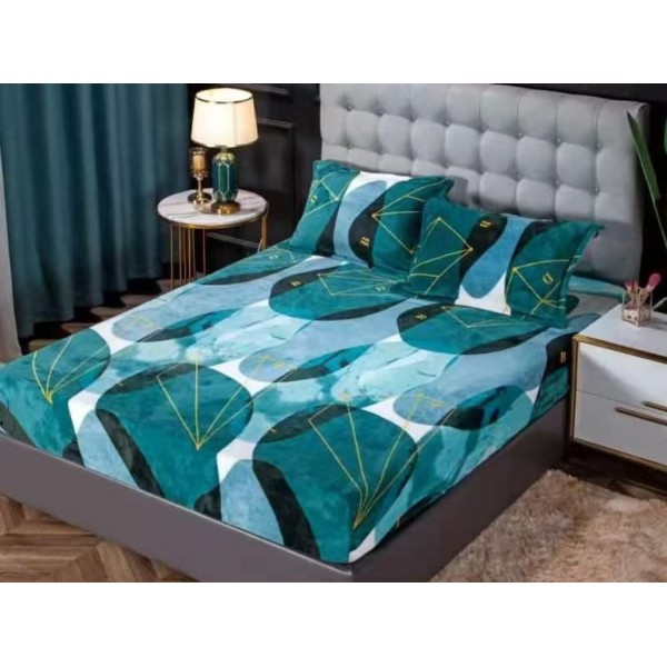 Cearșaf Cocolino cu Elastic + 2 Fețe de Pernă – Model Geometric Turcoaz-Albastru, HC-090