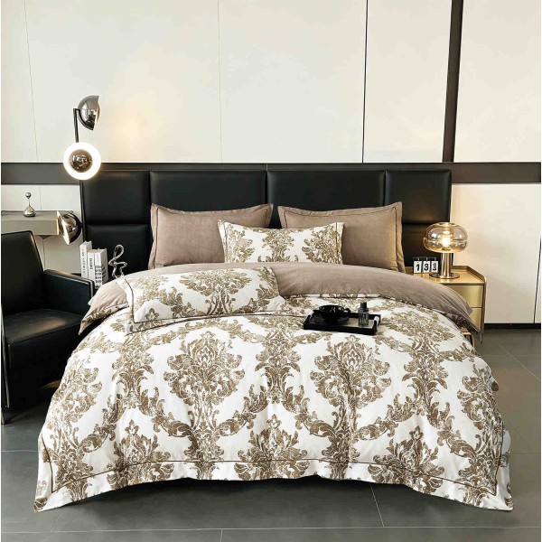 Lenjerie de Pat Dublu LUX 6 Piese din Finet cu Cearșaf cu Elastic – Model Damasc Bej Cappuccino, LPL-017 Lenjerie de Pat Dublu LUX 6 Piese din Finet cu Cearșaf cu Elastic – Model Damasc Bej Cappuccino, LPL-017