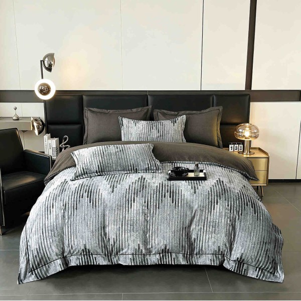 Lenjerie de Pat Dublu LUX 6 Piese din Finet cu Cearșaf cu Elastic – Model Modern Gri Antracit, LPL-021 Lenjerie de Pat Dublu LUX 6 Piese din Finet cu Cearșaf cu Elastic – Model Modern Gri Antracit, LPL-021