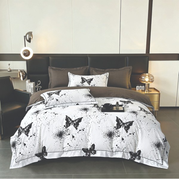 Lenjerie de Pat Dublu LUX 6 Piese din Finet cu Cearșaf cu Elastic – Model Fluturi Alb-Negru, LPL-031 Lenjerie de Pat Dublu LUX 6 Piese din Finet cu Cearșaf cu Elastic – Model Fluturi Alb-Negru, LPL-031