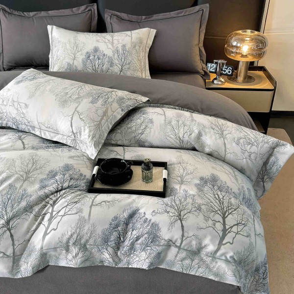 Lenjerie de Pat Dublu LUX 6 Piese din Finet cu Cearșaf cu Elastic – Model Copaci Gri Elegant, LPL-034 Lenjerie de Pat Dublu LUX 6 Piese din Finet cu Cearșaf cu Elastic – Model Copaci Gri Elegant, LPL-034
