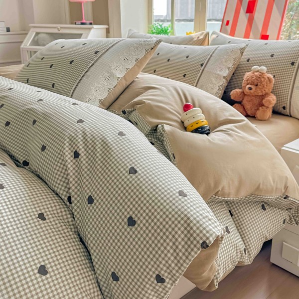 Lenjerie de Pat Premium 4 Piese, Bumbac 100%, cu Volănașe din Dantelă,Cearceaf Elastic– Bej - Negru, LBB-003
