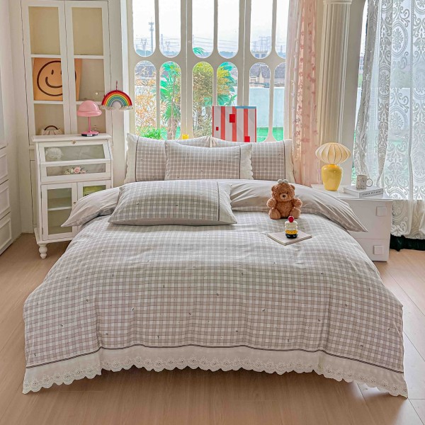Lenjerie de Pat Premium 4 Piese, Bumbac 100%, cu Volănașe din Dantelă,Cearceaf Roz - Salvie, LBB-007