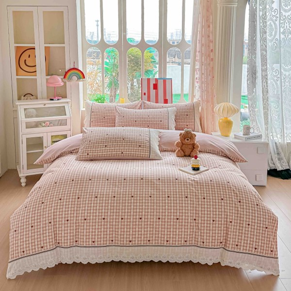Lenjerie de Pat Premium 4 Piese, Bumbac 100%, cu Volănașe din Dantelă,Cearceaf Roz - Bej, LBB-008