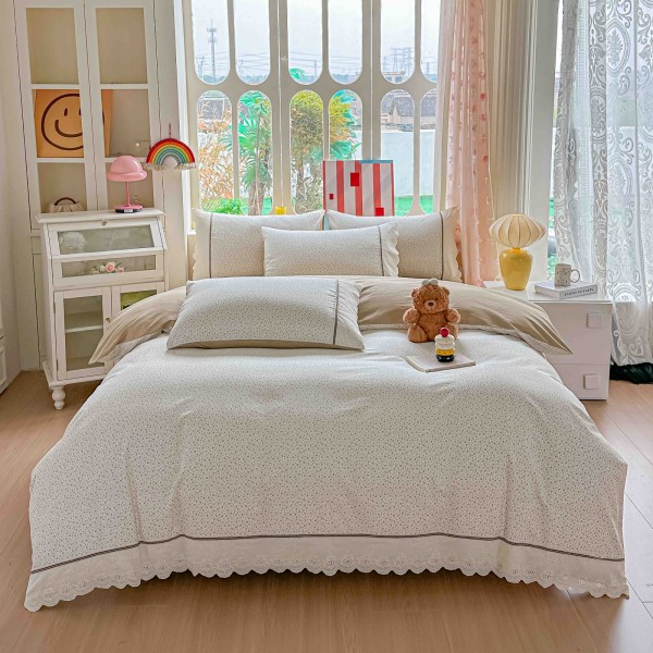 Lenjerie de Pat Premium 4 Piese, Bumbac 100%, cu Volănașe din Dantelă,Cearceaf Crem - Bej, LBB-011