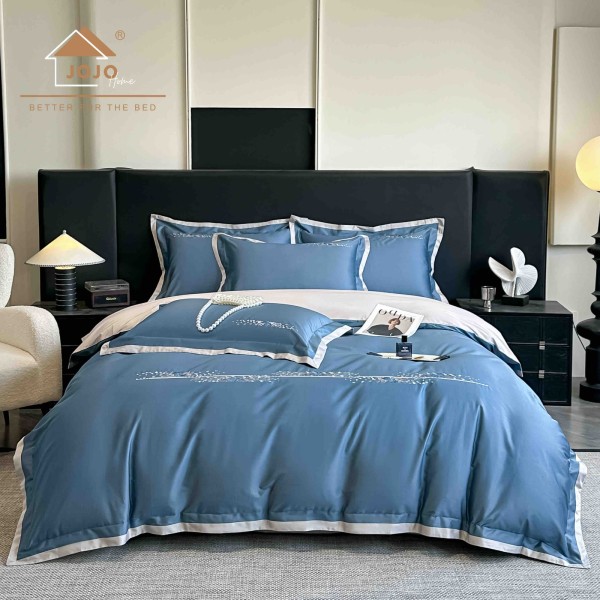 Lenjerie de Pat Premium Satin Deluxe cu Broderie Elegantă, Bumbac 100%, 4 Piese, Albastru, LBB-022