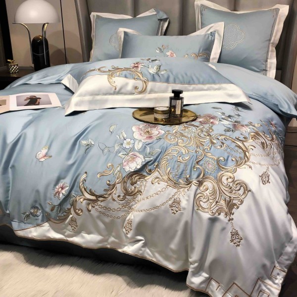 Lenjerie de Pat Premium Satin Deluxe cu Broderie Elegantă, Bumbac 100%, 4 Piese, Bleu Floral Baroc, LBB-027 Lenjerie de Pat Premium Satin Deluxe cu Broderie Elegantă, Bumbac 100%, 4 Piese, Bleu Floral Baroc, LBB-027