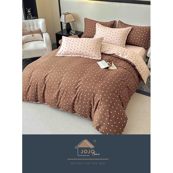 Lenjerie Pat Dublu 6 Piese cu Cearșaf cu Elastic – Bumbac Finet, Model cu Buline Maro și Bej, LDE-163 Lenjerie Pat Dublu 6 Piese cu Cearșaf cu Elastic – Bumbac Finet, Model cu Buline Maro și Bej, LDE-163
