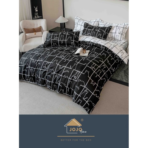 Lenjerie Pat Dublu 6 Piese cu Cearșaf cu Elastic – Bumbac Finet, Model Pisicuțe Alb-Negru, LDE-009
