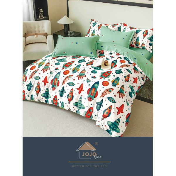 Lenjerie Pat Dublu 6 Piese cu Cearșaf cu Elastic – Bumbac Finet, Model Rachete și Planete, LDE-190 Lenjerie Pat Dublu 6 Piese cu Cearșaf cu Elastic – Bumbac Finet, Model Rachete și Planete, LDE-190