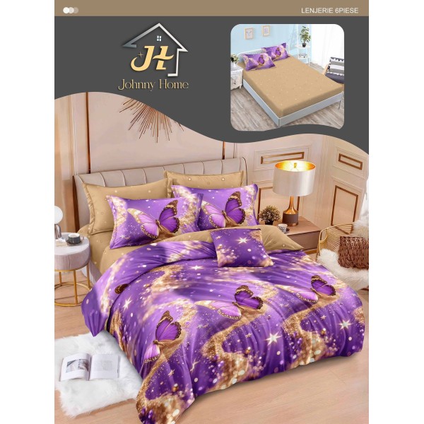 Lenjerie Pat Dublu 6 Piese cu Cearșaf cu Elastic – Bumbac Finet, Model Fluturi Mov cu Auriu, LDE-003 Lenjerie Pat Dublu 6 Piese cu Cearșaf cu Elastic – Bumbac Finet, Model Fluturi Mov cu Auriu, LDE-003