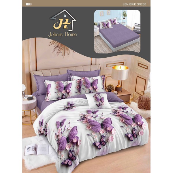 Lenjerie Pat Dublu 6 Piese cu Cearșaf cu Elastic – Bumbac Finet, Model Fluturi Mov și Flori Roz, LDE-005 Lenjerie Pat Dublu 6 Piese cu Cearșaf cu Elastic – Bumbac Finet, Model Fluturi Mov și Flori Roz, LDE-005