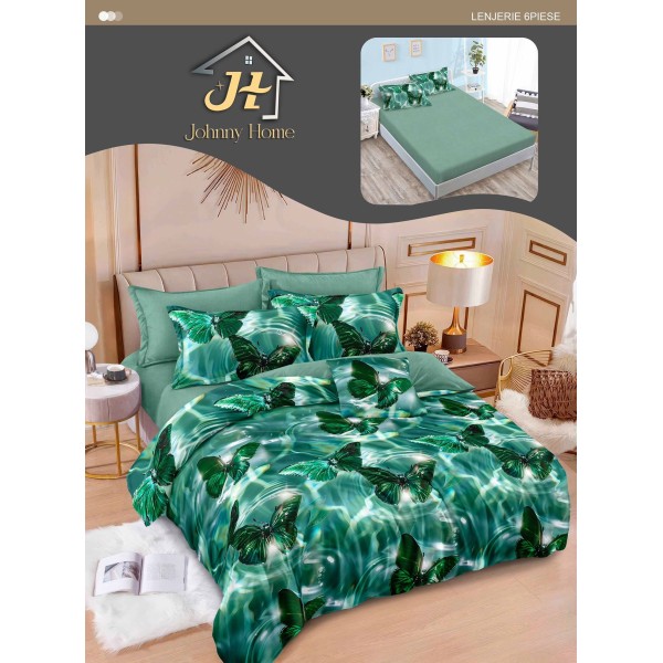 Lenjerie Pat Dublu 6 Piese cu Cearșaf cu Elastic – Bumbac Finet, Model Fluturi Verzi Smarald, LDE-006 Lenjerie Pat Dublu 6 Piese cu Cearșaf cu Elastic – Bumbac Finet, Model Fluturi Verzi Smarald, LDE-006