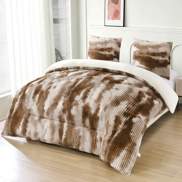 Pilotă Cocolino cu Blăniță 200×230 cm + 2 Fețe de Pernă 50×70 cm – Model Degrade Maro și Crem, PDC-043
