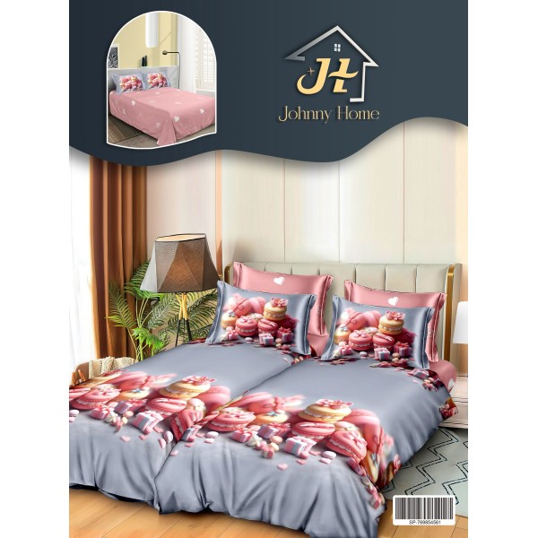 Lenjerie Pat Dublu 7 Piese Bumbac Satinat cu 2 Huse Pilotă - Model Macarons și Dulciuri, Gri-Roz, LFS-153 Lenjerie Pat Dublu 7 Piese Bumbac Satinat cu 2 Huse Pilotă - Model Macarons și Dulciuri, Gri-Roz, LFS-153