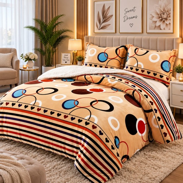 Pilotă Cocolino cu Blăniță 200×230 cm + 2 Fețe de Pernă 50×70 cm – Model Geometric Multicolor Bej, PDC-047
