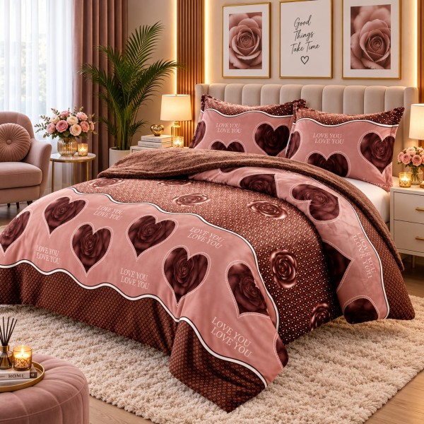 Pilotă Cocolino cu Blăniță 200×230 cm + 2 Fețe de Pernă 50×70 cm – Model Romantic cu Trandafiri și Inimi, PDC-049