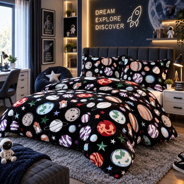 Pilotă Cocolino cu Blăniță 200×230 cm + 2 Fețe de Pernă 50×70 cm – Model Spațiu Cosmic cu Planete, PDC-054