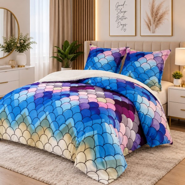 Pilotă Cocolino cu Blăniță 200×230 cm + 2 Fețe de Pernă 50×70 cm – Model Solzi Multicolor Albastru-Mov, PDC-060