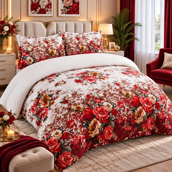Pilotă Cocolino cu Blăniță 200×230 cm + 2 Fețe de Pernă 50×70 cm – Model Floral cu Trandafiri Roșii, PDC-079