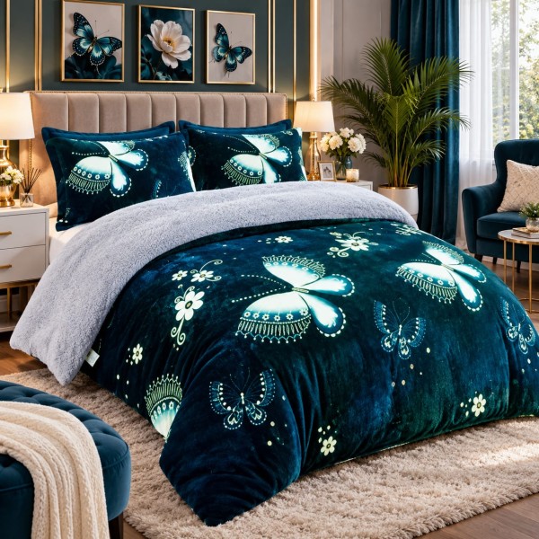 Pilotă Cocolino cu Blăniță 200×230 cm + 2 Fețe de Pernă 50×70 cm – Model Fluturi Turcoaz, PDC-080