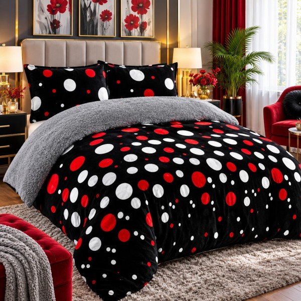 Pilotă Cocolino cu Blăniță 200×230 cm + 2 Fețe de Pernă 50×70 cm – Model Buline Roșii și Albe pe Negru, PDC-082
