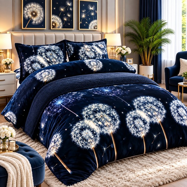 Pilotă Cocolino cu Blăniță 200×230 cm + 2 Fețe de Pernă 50×70 cm – Model Păpădii pe Bleumarin, PDC-083