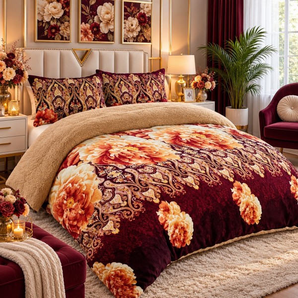 Pilotă Cocolino cu Blăniță 200×230 cm + 2 Fețe de Pernă 50×70 cm – Model Floral Bordo cu Auriu, PDC-085 Pilotă Cocolino cu Blăniță 200×230 cm + 2 Fețe de Pernă 50×70 cm – Model Floral Bordo cu Auriu, PDC-085