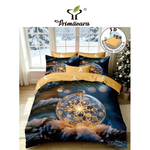 Set Lenjerie Pat Dublu Finet 6 Piese cu Cearșaf cu Elastic 5D – Model Glob de Crăciun Auriu, LTC-022