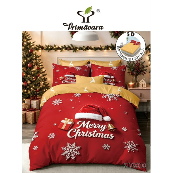 Set Lenjerie Pat Dublu Finet 6 Piese cu Cearșaf cu Elastic 5D – Model Crăciun Merry Christmas Roșu, LTC-024 Set Lenjerie Pat Dublu Finet 6 Piese cu Cearșaf cu Elastic 5D – Model Crăciun Merry Christmas Roșu, LTC-024