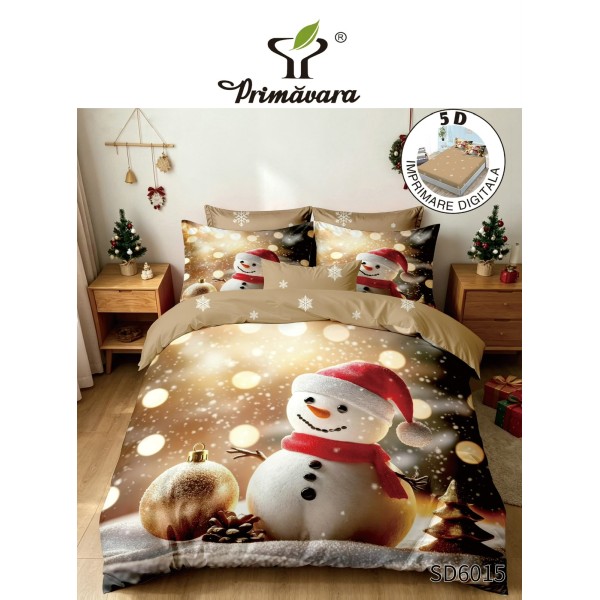 Set Lenjerie Pat Dublu Finet 6 Piese cu Cearșaf cu Elastic 5D – Model Crăciun cu Om de Zăpadă, LTC-025 Set Lenjerie Pat Dublu Finet 6 Piese cu Cearșaf cu Elastic 5D – Model Crăciun cu Om de Zăpadă, LTC-025