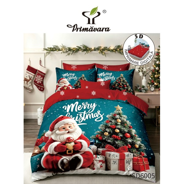 Set Lenjerie Pat Dublu Finet 6 Piese cu Cearșaf cu Elastic 5D – Model Crăciun cu Moș Crăciun și Brad, LTC-028