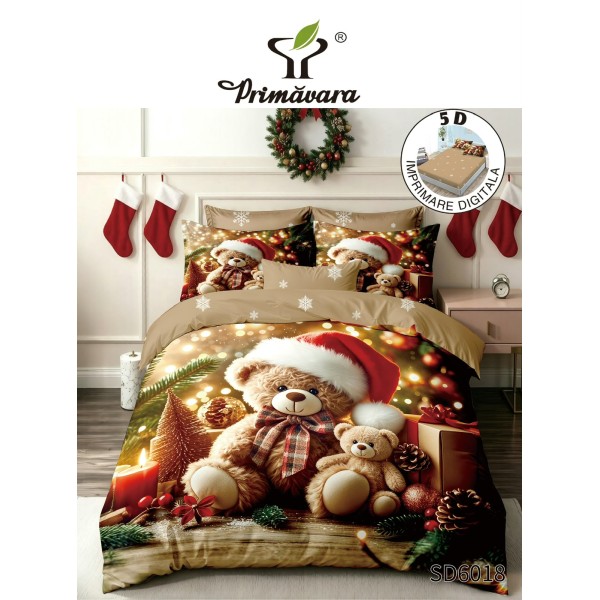 Set Lenjerie Pat Dublu Finet 6 Piese cu Cearșaf cu Elastic 5D – Model Ursuleți de Crăciun, LTC-038
