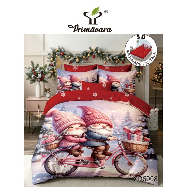 Set Lenjerie Pat Dublu Finet 6 Piese cu Cearșaf cu Elastic 5D – Model Crăciun cu Spiriduși pe Bicicletă, LTC-044 Set Lenjerie Pat Dublu Finet 6 Piese cu Cearșaf cu Elastic 5D – Model Crăciun cu Spiriduși pe Bicicletă, LTC-044