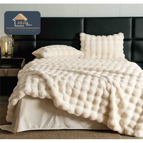 Lenjerie de Pat Luxury Extra Pufoasă din Blăniță Artificială Tip Iepure, 6 Piese – Crem, LCE-026