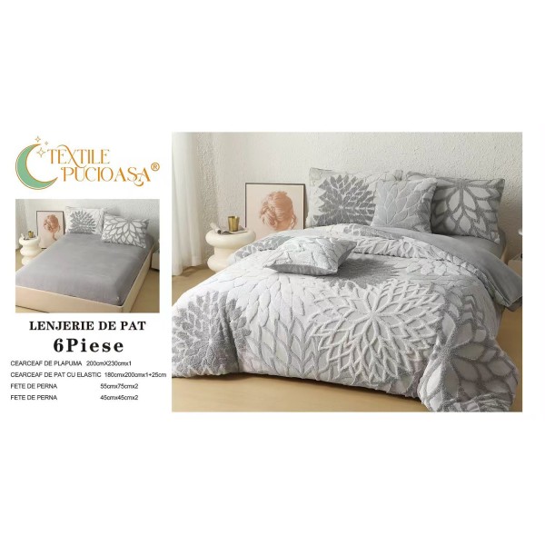 Lenjerie de Pat Cocolino cu Model în Relief, 6 Piese, Cearșaf cu Elastic – Gri, LEC-015 Lenjerie de Pat Cocolino cu Model în Relief, 6 Piese, Cearșaf cu Elastic – Gri, LEC-015