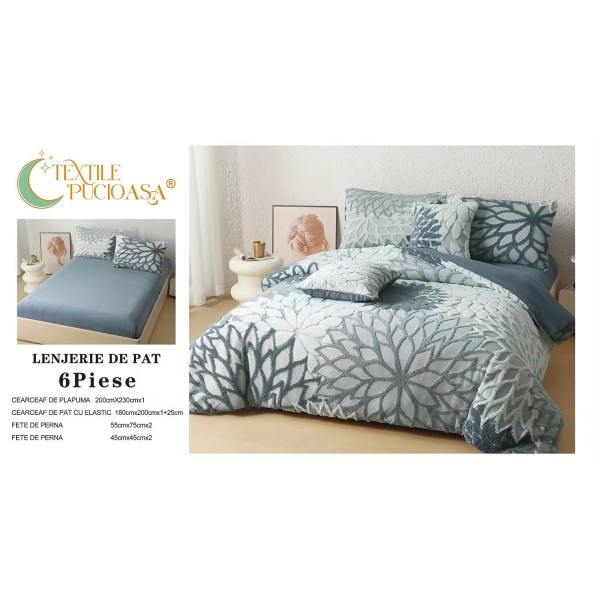 Lenjerie de Pat Cocolino cu Model în Relief, 6 Piese, Cearșaf cu Elastic - Albastru Gri, LEC-048 Lenjerie de Pat Cocolino cu Model în Relief, 6 Piese, Cearșaf cu Elastic - Albastru Gri, LEC-048
