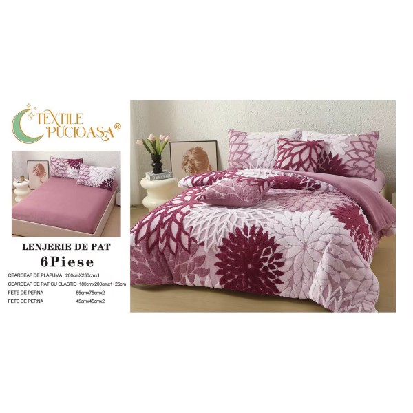 Lenjerie de Pat Cocolino cu Model în Relief, 6 Piese, Cearșaf cu Elastic - Roz - Bordo, LEC-058 Lenjerie de Pat Cocolino cu Model în Relief, 6 Piese, Cearșaf cu Elastic - Roz - Bordo, LEC-058