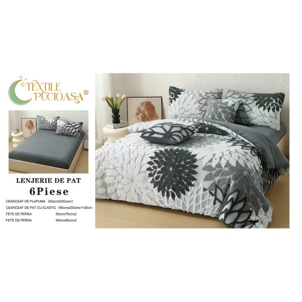 Lenjerie de Pat Cocolino cu Model în Relief, 6 Piese, Cearșaf cu Elastic - Gri Antracit, LEC-126 Lenjerie de Pat Cocolino cu Model în Relief, 6 Piese, Cearșaf cu Elastic - Gri Antracit, LEC-126