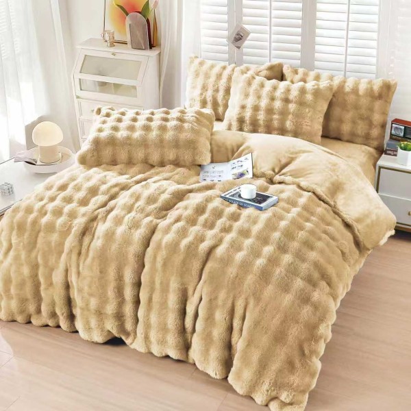 Lenjerie de Pat Dublu Super Pufoasă 4 Piese din Blăniță Artificială de Iepure cu Cearșaf cu Elastic – Bej, LCE-037