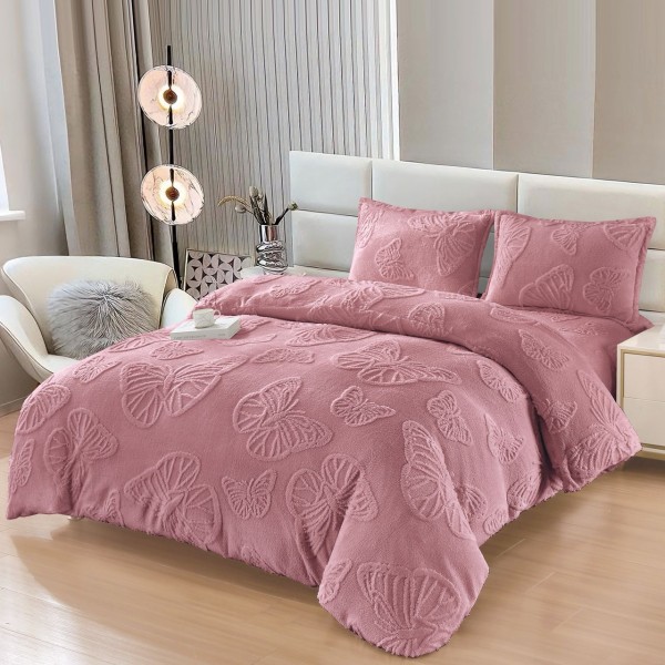 Set Lenjerie Pufoasa Cocolino cu Elastic, 4 Piese, Pat 2 Persoane, cu Imprimeu in Relief, Fluturi 3D, Roz, LEC-091