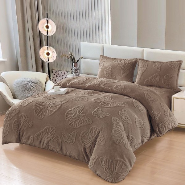 Set Lenjerie Pufoasa Cocolino cu Elastic, 4 Piese, Pat 2 Persoane, cu Imprimeu in Relief, Fluturi 3D, Maro, LEC-077
