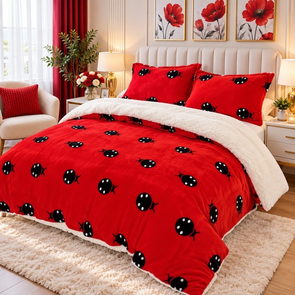 Pilotă Cocolino cu Blăniță 200×230 cm + 2 Fețe de Pernă 50×70 cm – Model Buburuze Roșu, PDC-086 Pilotă Cocolino cu Blăniță 200×230 cm + 2 Fețe de Pernă 50×70 cm – Model Buburuze Roșu, PDC-086