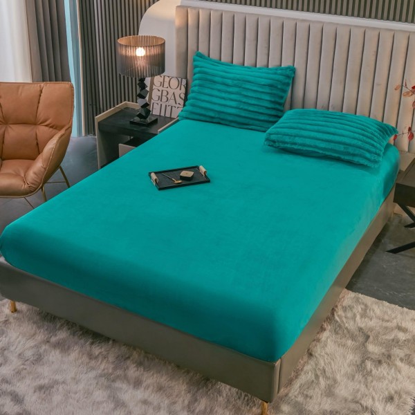 Lenjerie de Pat Premium JOJO Home, 4 Piese, Blăniță Artificială Tip Iepure, Cearșaf cu Elastic – Turcoaz, LJH-004